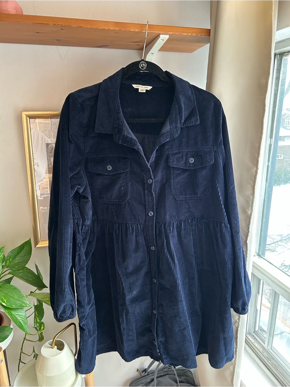 American Eagle Navy Corduroy Button-Front Dress